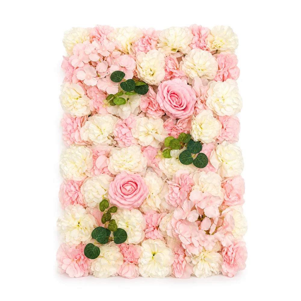 Πάνελ Flower Wall Τεχνητά Λουλούδια Ανοιχτό Ροζ-Κρεμ με Πράσινα Φύλλα – 24695