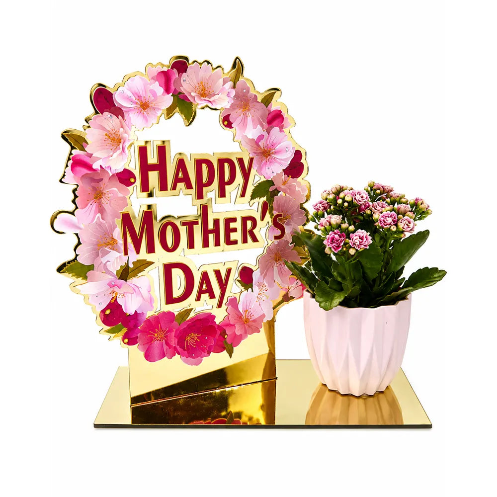 Χρυσή Διακοσμητική Βάση Στεφάνι Happy Mother's Day με Ροζ Κασπώ – 24745