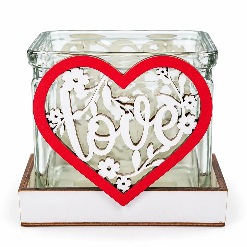 Γυάλινο Κουτί με Ξύλινη Καρδιά Love Floral – 25001