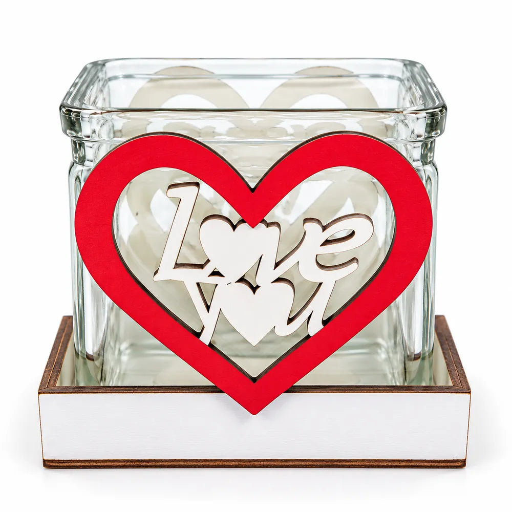 Γυάλινο Κουτί με Ξύλινη Καρδιά Love You – 25002