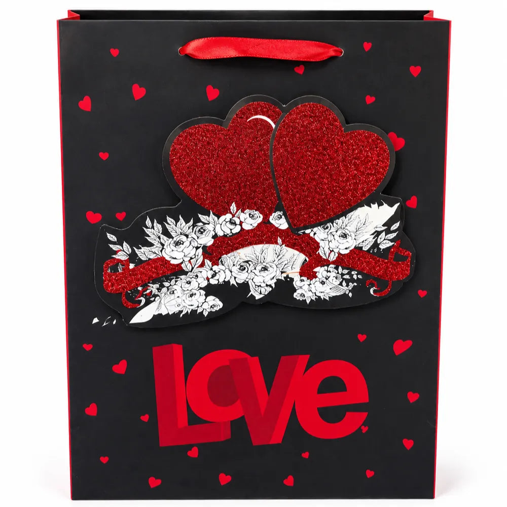 Χάρτινη Τσάντα Δώρου Μαύρη με Καρδιές και Love Μεσαία – 25632-0