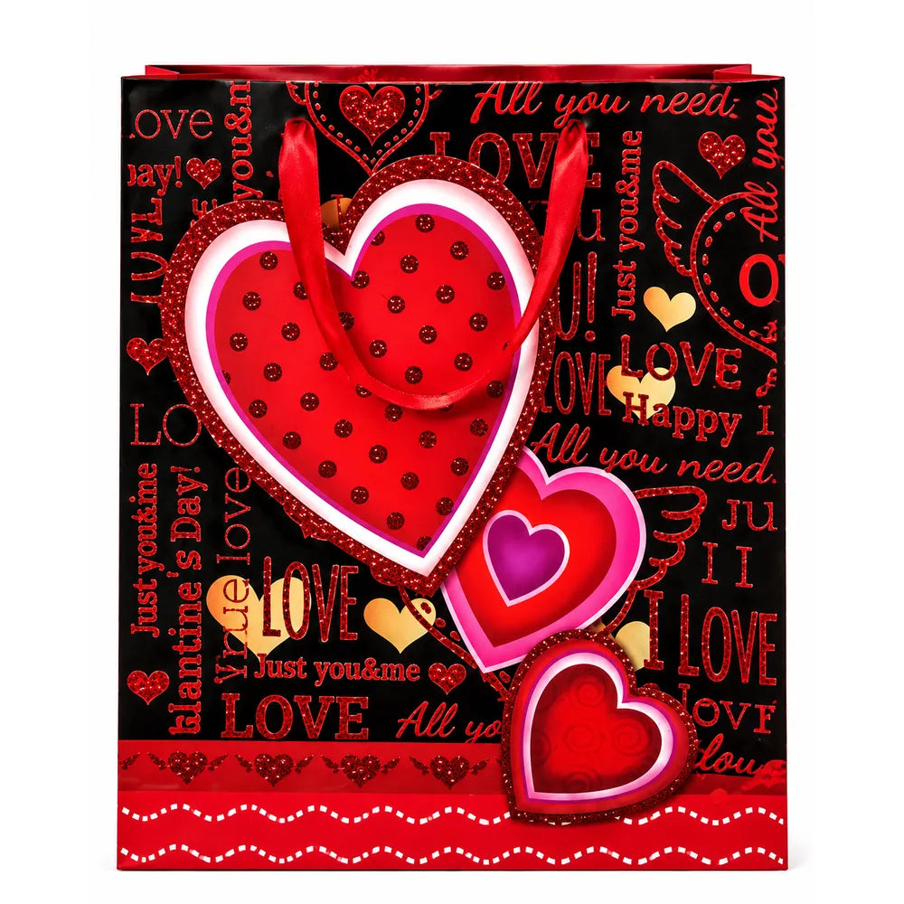 Χάρτινη Τσάντα Δώρου Μαύρη με Καρδιές Valentine's Day Μεσαία – 25632-4